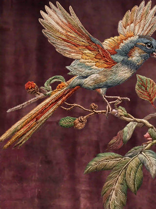 A detailed macro close-up of the Imperial Garden wall art highlighting a long-tailed bird with spread wings, in a fine thread-like texture.