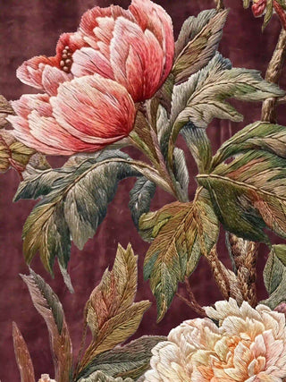 A detailed macro close-up of the Imperial Garden wall art highlighting a pink flower and grey-green leaves in a fine thread-like texture.