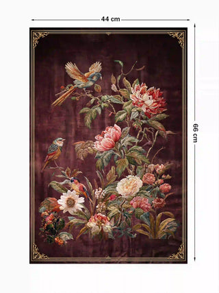 Full view of the Imperial Garden wall art in the 44 x 66 cm size, showing birds among pink and cream flowers on a burgundy ground with a gold border.