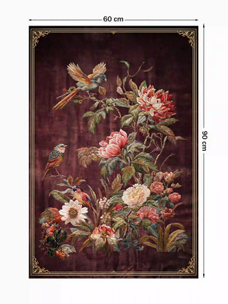 Full view of the Imperial Garden wall art in the 60 x 90 cm size, showing birds among pink and cream flowers on a burgundy ground with a gold border.