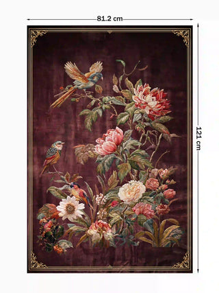 Full view of the Imperial Garden wall art in the 81.2 x 121 cm size, showing birds among pink and cream flowers on a burgundy ground with a gold border.