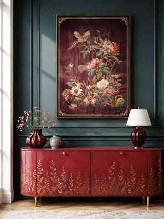 The Imperial Garden wall art in a slim gold frame on a teal panelled wall, above a red sideboard with a burgundy vase and lamp.