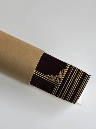 Imperial Garden wall art shown rolled in protective shipping tube packaging with gilded corner border detail