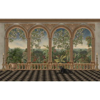 The complete panoramic layout of the Imperial Veranda mural with classical arches, jungle scenery, and a black panther.