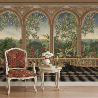 A luxury room setting featuring the Imperial Veranda mural with classical arches and a black panther behind a vintage armchair.