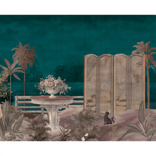 Wallpaper showing detailed illustrations of tropical plants, flowers, and architectural screens in muted tones against the rich midnight background.