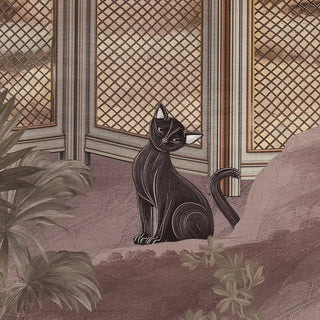 A section of the wallpaper highlighting the black cat, textured screen, and lush tropical elements in fine artistic detail.