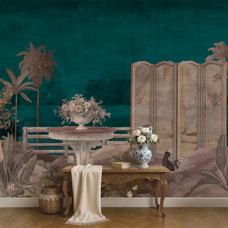 A dramatic midnight tropical wallpaper featuring a deep teal backdrop with palm trees, a floral arrangement on a stone table, and a black cat near a decorative screen, styled with elegant furniture.