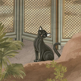 A section view highlighting the black cat, floral centerpiece, and tropical plants in earthy hues against a peach background.