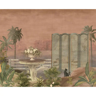 Wallpaper showcasing intricate details of the tropical foliage, flowers, and screen design in warm peach tones.