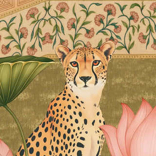 A close-up highlighting a leopard amidst lotuses and floral detailing, alongside palace architecture.
