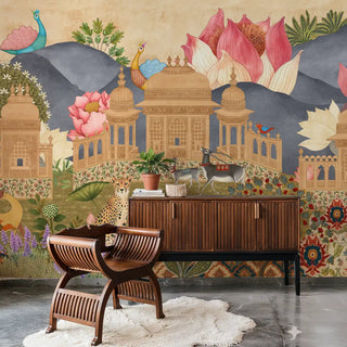 A room view of the indie Pop Wallpaper, showcasing its vibrant mural with domed palaces, lotus blooms, and detailed Indian motifs.
