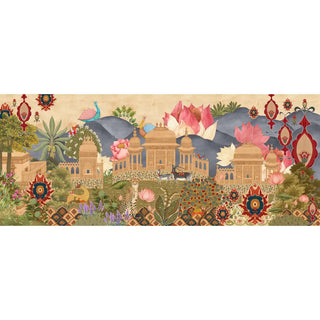 Decorative indian wallpaper with architectural elements, flowers, and patterns on a beige background