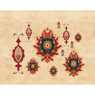 Full wallpaper pattern layout featuring multiple large and small floral medallions with a handwoven effect.