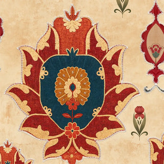 Detailed close-up of a central floral motif in teal, gold, and red with intricate stitch-like edges.