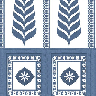 Decorative wallpaper with leaf and flower patterns on a blue and white background