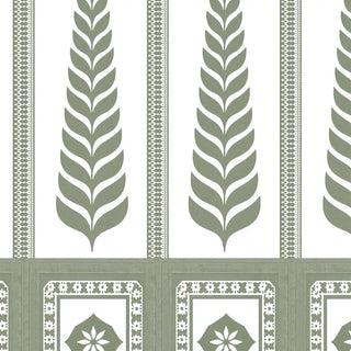 Close-up of the Indigo Grove sage green border showing hand-painted banyan leaf patterns and aerial root details.