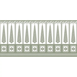 A wide horizontal panorama of the Indigo Grove sage green wall border featuring a rhythmic banyan tree forest and geometric base.