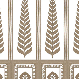 Close-up of the Indigo Grove sepia border showing hand-painted banyan leaf patterns in warm earth tones.