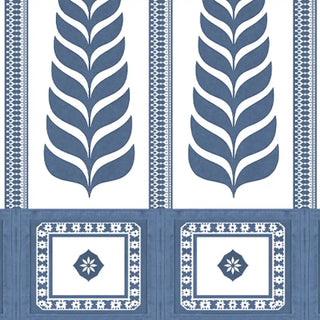 Indigo Grove Wallpaper Border: Close-up detail of the deep indigo blue stylized leaf and square medallion pattern.