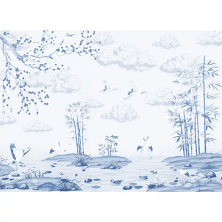 blue and white wallpaper of a landscape with trees, rocks, and clouds.