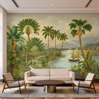 The Indonesia Fresh mural styled in a modern, airy living room behind a sleek white sofa and walnut coffee table.