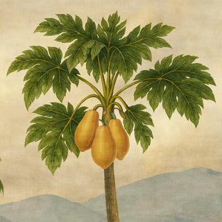 A close-up detail of the Indonesia Fresh mural showing a hand-painted papaya tree with golden fruit against a fresh sky.