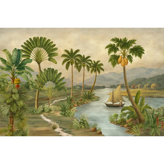 A full panoramic view of the Indonesia Fresh mural featuring a lush tropical river, palm trees, and a sailboat in a vibrant botanical palette.