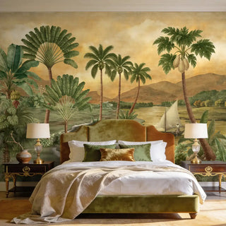 The Indonesia Rich Gold mural styled as a feature wall in an opulent bedroom behind a velvet green headboard and gold lamps.