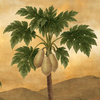 A close-up detail of the Indonesia Rich Gold mural showing a hand-painted papaya tree with fruit against a golden sky.