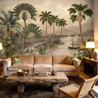 The Indonesia mural styled in a luxury living room behind a velvet sofa and a live-edge wooden coffee table.