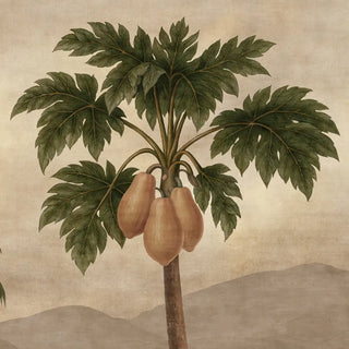 A close-up detail of the Indonesia mural showing a hand-painted papaya tree with fruit and large fan-like leaves.