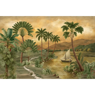 A full panoramic view of the Indonesia mural in Rich Gold featuring a tropical river, palm trees, and mountains in a warm sunset tone.