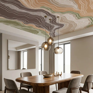 The Infinite Flow Abstract ceiling wallpaper mural in earthy brown and beige styled seamlessly inside a contemporary modern dining room view-ceiling