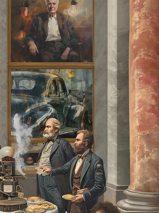 Macro detail of Invention Modern Fusion Theme poster depicting figures around a steam coffee apparatus and car portrait.