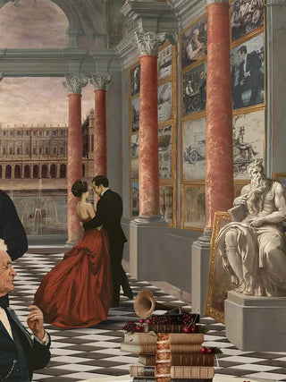 Detailed macro of Invention Modern Fusion Theme poster displaying dancing couple, marble columns and gallery wall.