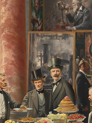 Close-up of Invention Modern Fusion Theme wall art showing Victorian figures around food and framed locomotive paintings.