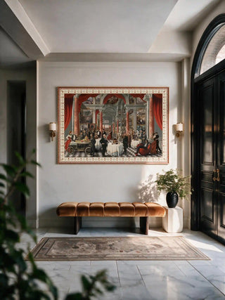 Horizontal Invention Modern Fusion Theme poster hanging in a grand entryway above a velvet bench with brass sconces.