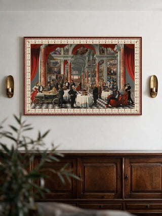 Horizontal Invention Modern Fusion Theme wall art poster framed above a dark wooden sideboard with sconce lamps.