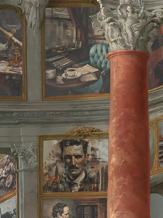 Macro detail of Invention Modern Fusion Theme vertical poster depicting figures around a steam coffee apparatus and car portrait.