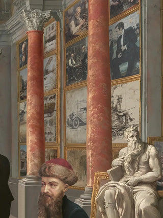 Detailed macro of Invention Modern Fusion Theme vertical poster displaying dancing couple, marble columns and gallery wall.