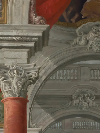 Close-up of Invention Modern Fusion Theme vertical wall art showing Victorian figures around food and framed locomotive paintings.