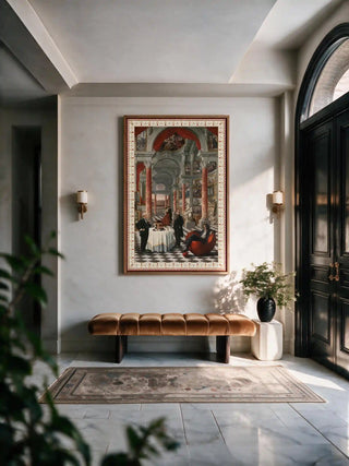 Vertical Invention Modern Fusion Theme poster hanging in a grand entryway above a velvet bench with brass sconces.