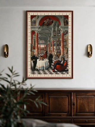 Vertical Invention Modern Fusion Theme poster mounted in a living room above a dark wood credenza flanked by wall sconces.