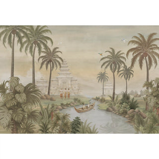 A full-scale view of the Island of Sanctuary wallpaper mural featuring a Balinese temple, tropical palms, and a river.