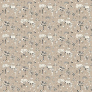 Patterned wallpaper with small illustrations of animals and plants on a beige background