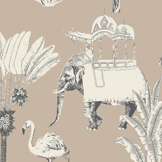 Close-up detail of the hand-sketched elephant and tropical plant motif from the wallpaper.