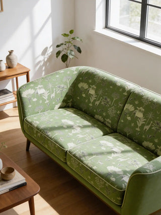A modern green sofa upholstered in Itihaas fabric featuring a white sketched royal safari with elephants and giraffes.
