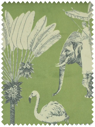A close-up of the plush texture of the Itihaas design velvet fabric, showcasing an elephant in ornate ceremonial dress and a giraffe.