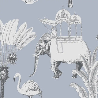 Pattern of an elephant with a palace, flamingo, and palm trees on a light blue background